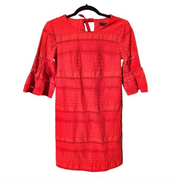 J. Crew Coral Red Eyelet Flutter Sleeve Shift Mini Dress #G1269 Women's Size 00 - Picture 2 of 11